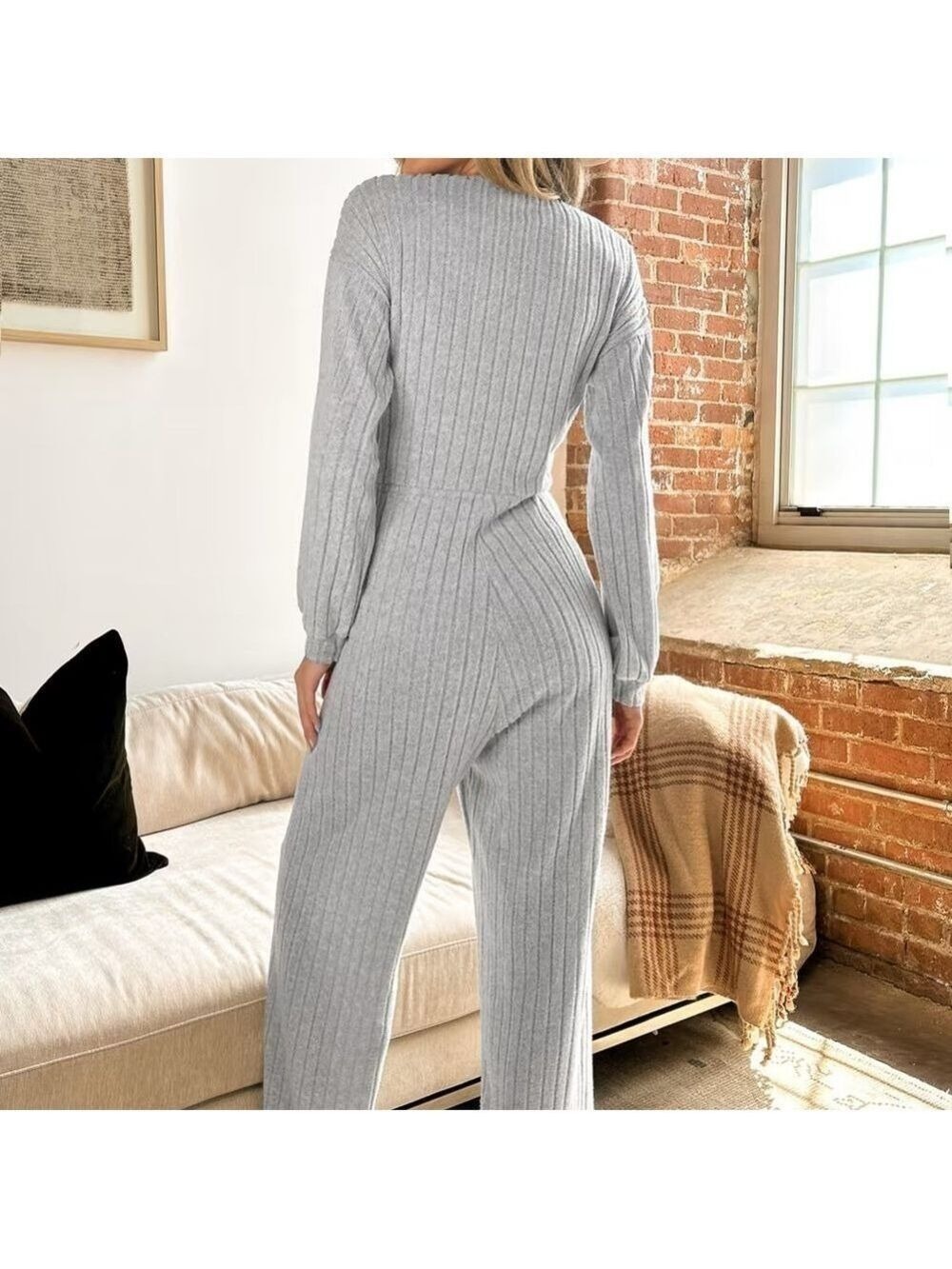 Silver Mist Ribbed Drawstring Jumpsuit - Picture 7 of 11